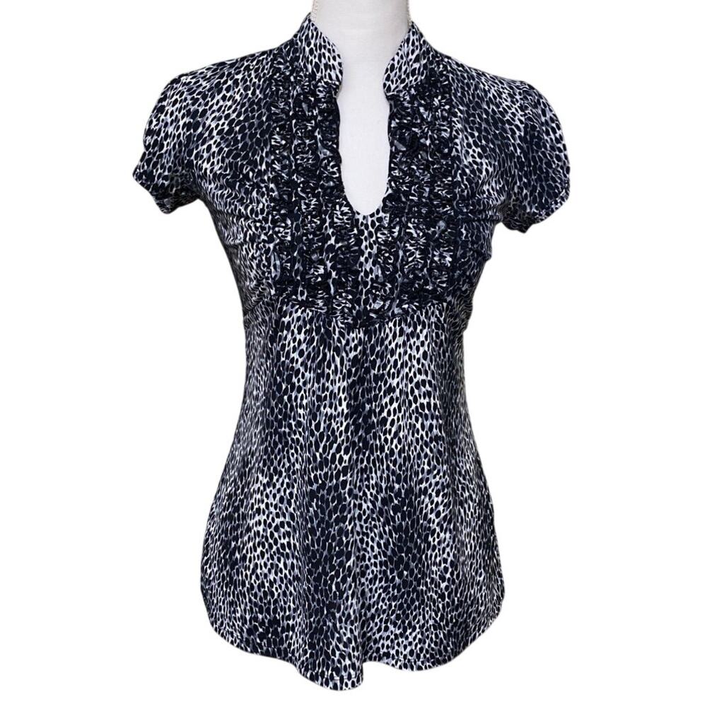 Vtg Y2k Ruffle V-Neck Empire Waist babydoll Top Womens sz S animal print 90s